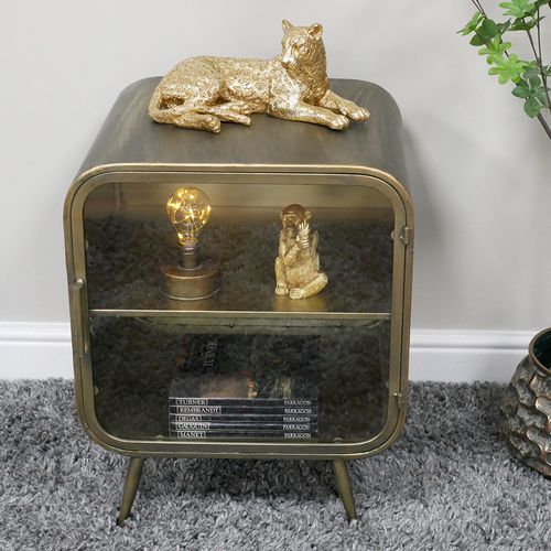 Dutch Brushed Metal and Glass 1 Door Curved Bedside Cabinet