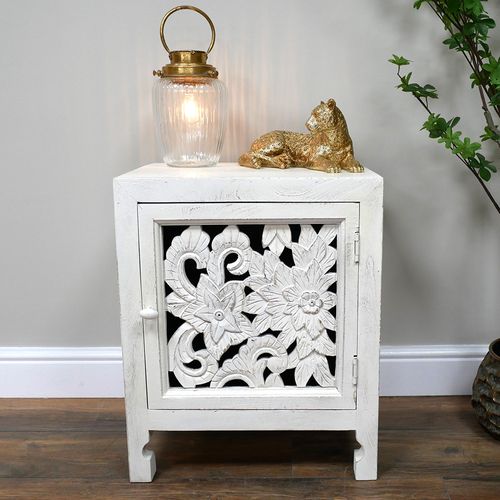 Dutch White Carved Mango Wood 1 Door Bedside Cabinet