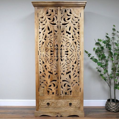 Dutch Carved Mango Wood Tall 2 Door Hall Cabinet
