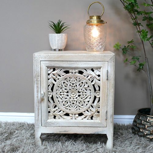 Dutch White Washed Carved Mango Wood 1 Door Small Bedside Cabinet