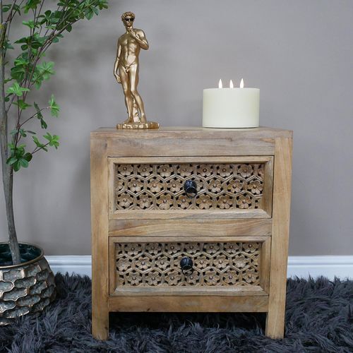 Dutch Rustic Carved Mango Wood 2 Drawer Bedside Cabinet