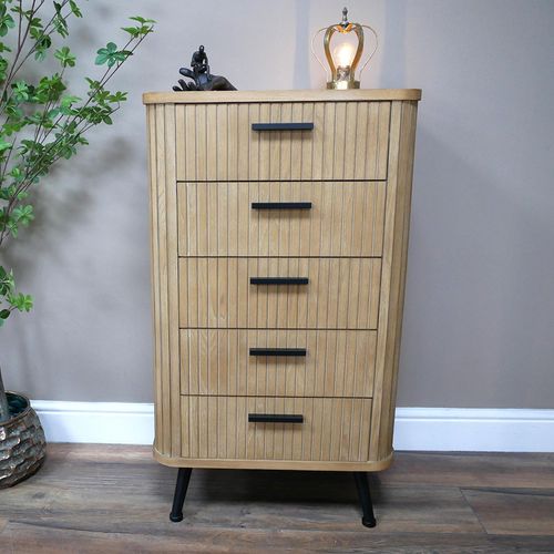 Dutch Ribbed Wooden 5 Drawer Tallboy Chest 