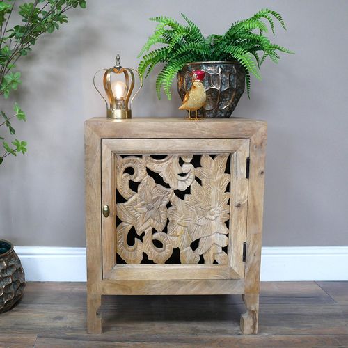 Dutch Carved Mango Wood 1 Door Small Bedside Cabinet