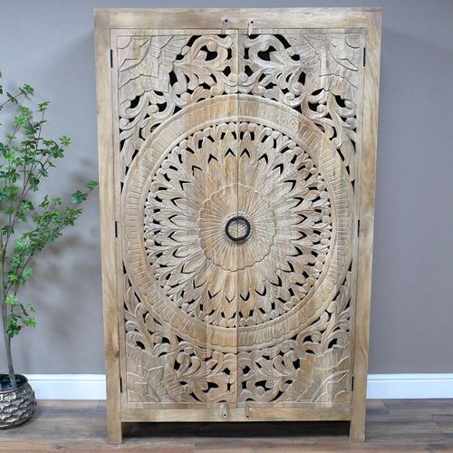 Dutch Carved Mango Wood 2 Door Tall Hall Cabinet