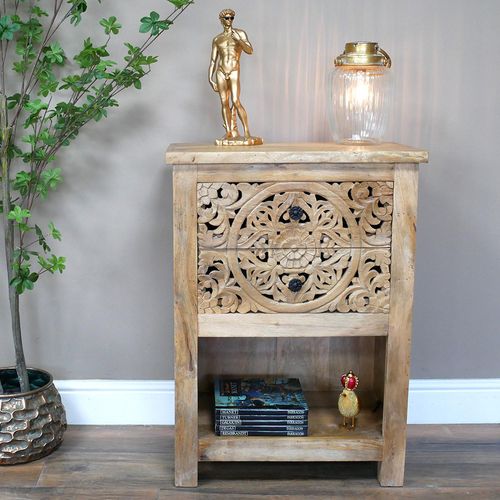 Dutch Carved Mango Wood 2 Drawer Side Table