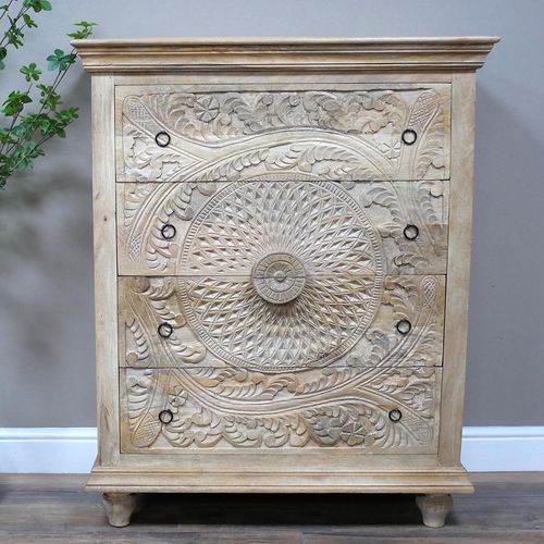 Dutch Carved Mango Wood 4 Drawer Chest