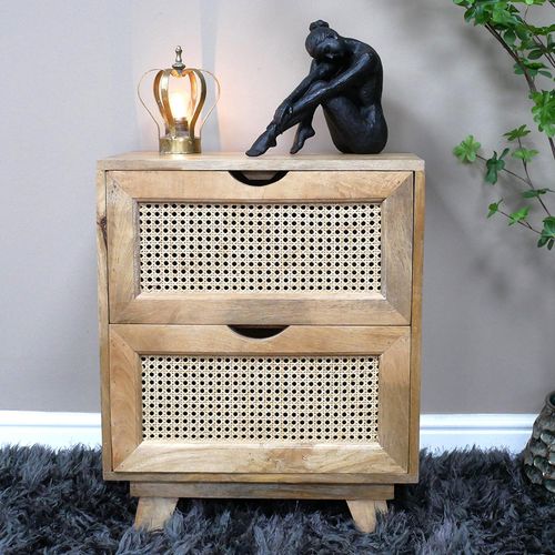 Dutch Mango Wood and Rattan 2 Drawer Bedside Cabinet