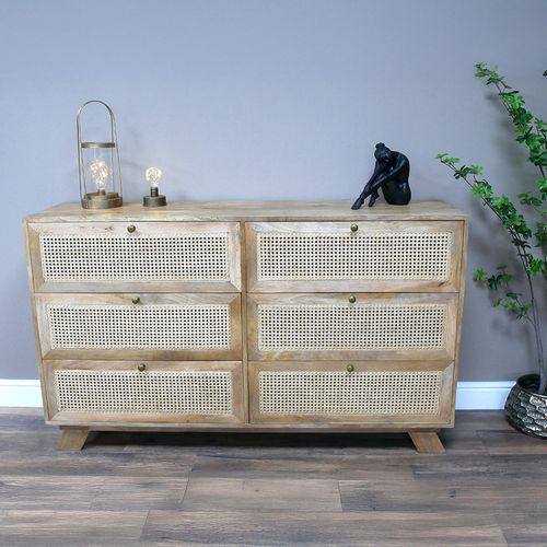 Dutch Mango Wood and Rattan 6 Drawer Wide Chest