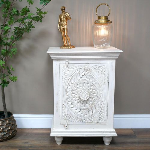 Dutch White Washed Carved Mango Wood 1 Door Bedside Cabinet