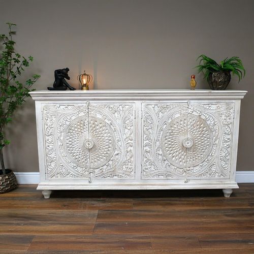 Dutch White Washed Carved Mango Wood 4 Door Large Sideboard - 180cm