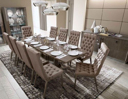 Modum Platinum Italian Silver Butterfly Extending Dining Set with Capitonne Nabuk Chairs