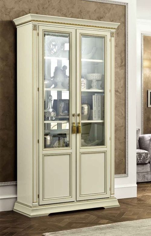 Camel Treviso White Ash Italian 2 Door Display Cabinet with Wooden Shelves