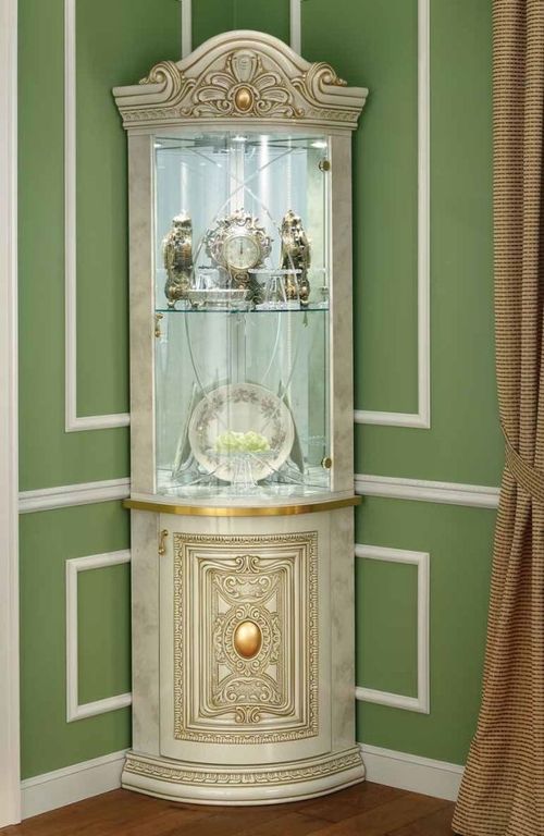 Camel Leonardo Ivory Gloss and Gold Italian Corner Display Cabinet