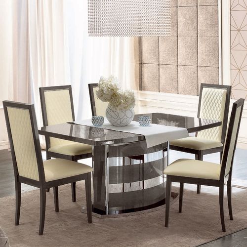 Modum Platinum Italian Silver Butterfly Extending Dining Set with Ivory Leather Chairs