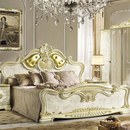 Camel Leonardo Italian Ivory Gloss and Gold Upholstered Bed - Sizes Available