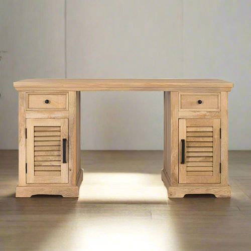 Jaylene Louvered Mango Wood Double Pedestal Desk
