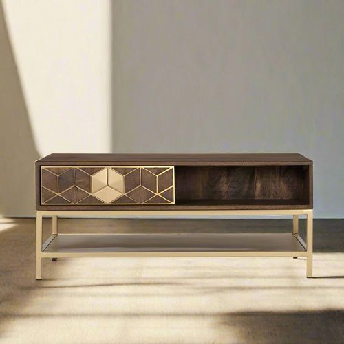 Caltan Walnut Mango Wood and Gold Geometric 1 Drawer Coffee Table