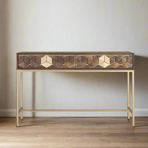 Caltan Walnut Mango Wood and Gold Geometric 2 Drawer Console Table