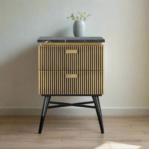 Stephen Ribbed Brass 2 Drawer Bedside Cabinet - Black Marble Top