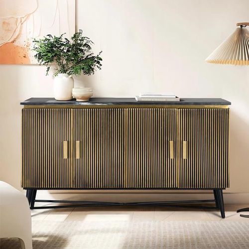 Stephen Ribbed Brass 4 Door Medium Sideboard - Black Marble Top
