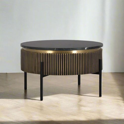 Stephen Ribbed Brass Round Coffee Table - Black Marble Top