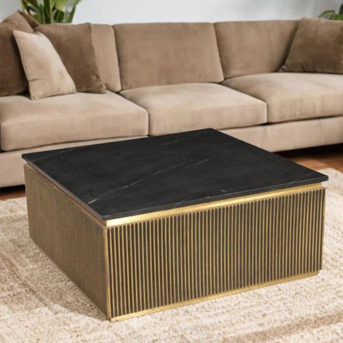 Stephen Ribbed Brass Square Coffee Table - Black Marble Top