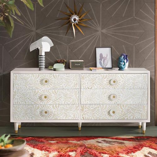 Dover White Carved Mango Wood 6 Drawer Wide Chest