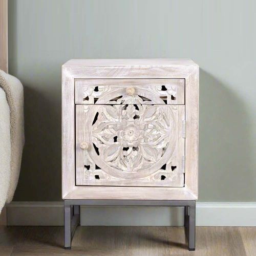 Quintana Washed Carved Mango Wood 1 Door Bedside Cabinet