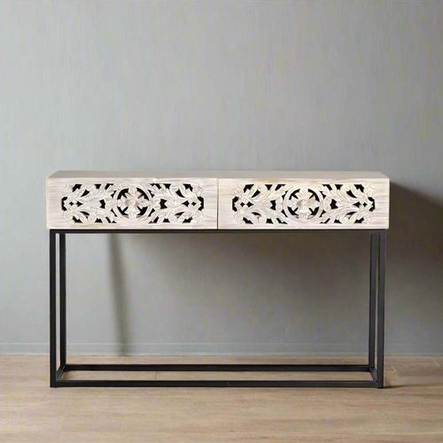Quintana Washed Carved Mango Wood 2 Drawer Console Table