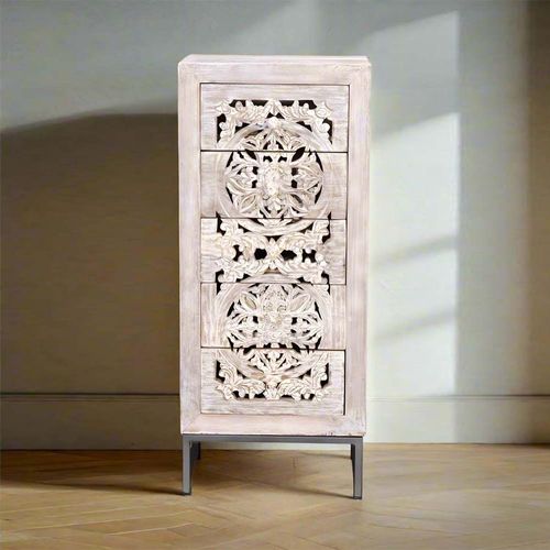 Quintana Washed Carved Mango Wood 5 Drawer Tall Chest