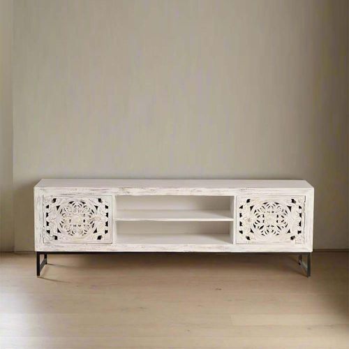 Quintana Washed Carved Mango Wood 2 Door Large TV Unit