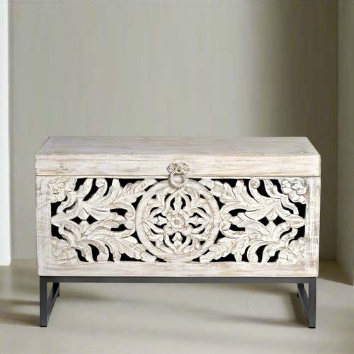 Quintana Washed Carved Mango Wood Storage Trunk