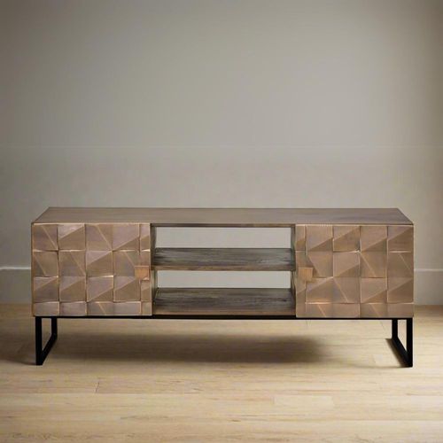 Pinole Copper Geometric Mango Wood 2 Door TV Unit