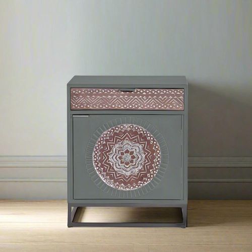 Lytton Grey Carved Mango Wood 1 Door Bedside Cabinet