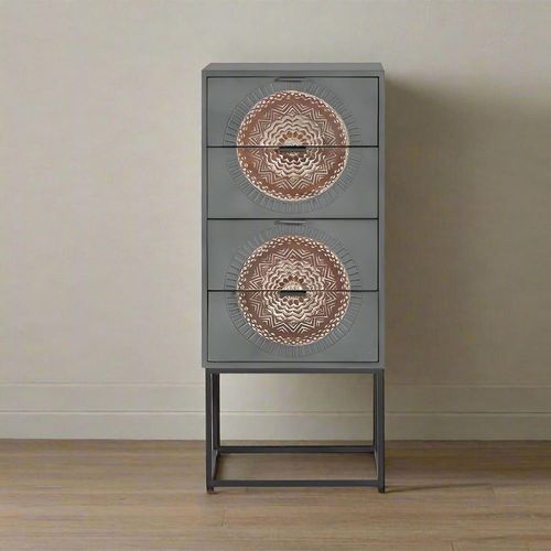 Lytton Grey Carved Mango Wood 4 Drawer Tall Chest