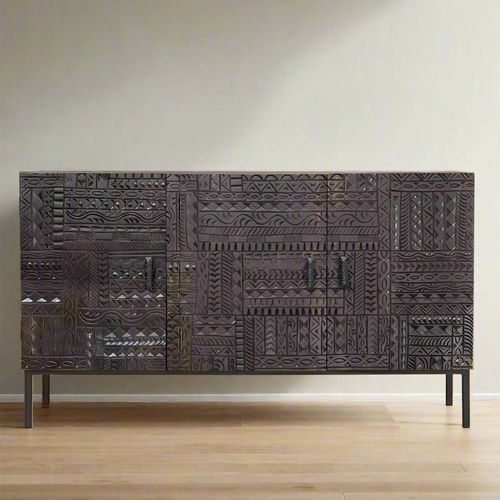 Macedonia Carved Dark Mango Wood 3 Door Medium Sideboard - 150cm