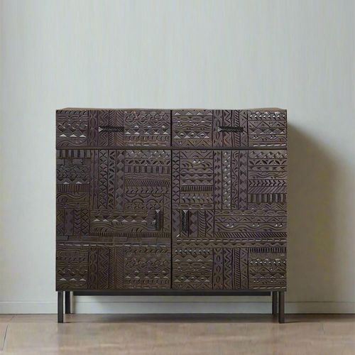 Macedonia Carved Dark Mango Wood 2 Door Small Sideboard - 100cm