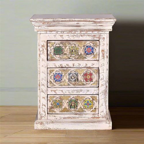 Awendaw White Washed Mango Wood 3 Drawer Bedside Cabinet