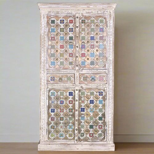 Awendaw White Washed Mango Wood 4 Door Hall Cabinet
