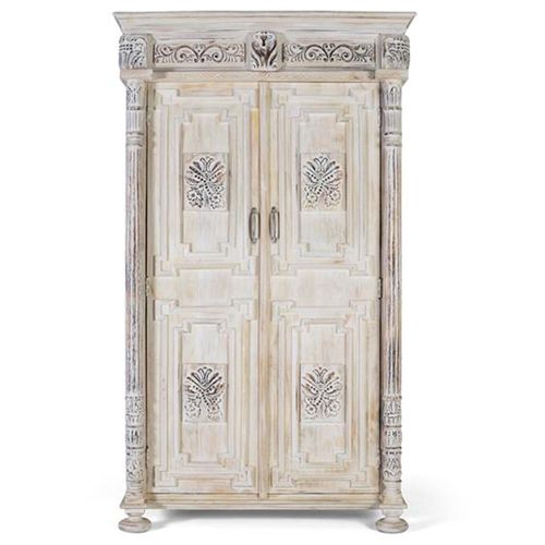 Imbery Distressed White Carved Mango Wood 2 Door Wardrobe