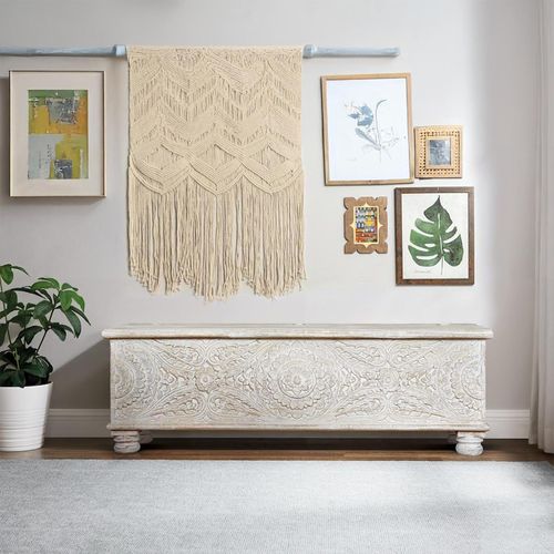 Amagmach White Carved Mango Wood Storage Trunk