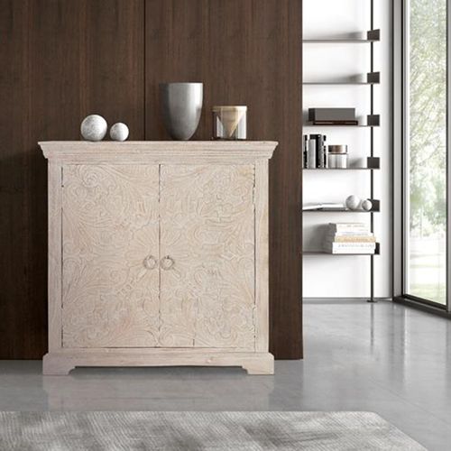 Isqari White Washed Carved Mango Wood 2 Door Small Sideboard - 90cm