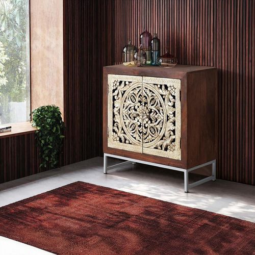 Jush Carved Dark Mango Wood 2 Door Small Sideboard - 80cm