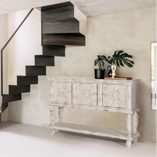 Spezia White Carved Mango Wood 3 Door Console Table