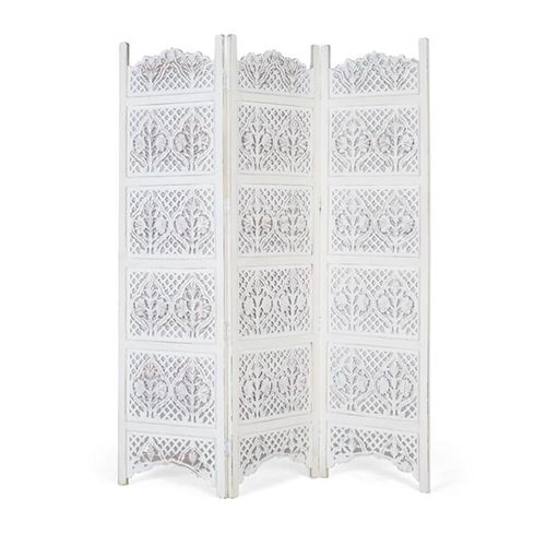 Munten Pickled White Carved Wood Screen - 150cm