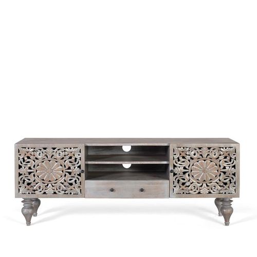 Edith Grey Carved Mango Wood Storage TV Unit