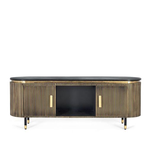 Stephen Ribbed Brass Curved 2 Door TV Unit - Black Marble Top