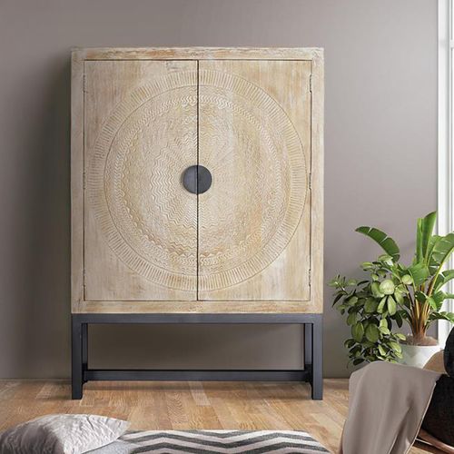 Nadia White Washed Carved Mango Wood 2 Door Hall Cabinet