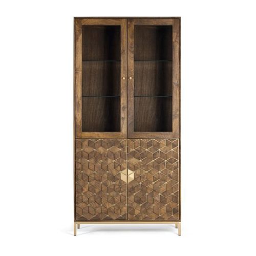 Caltan Walnut Mango Wood and Gold Geometric 4 Door Display Cabinet