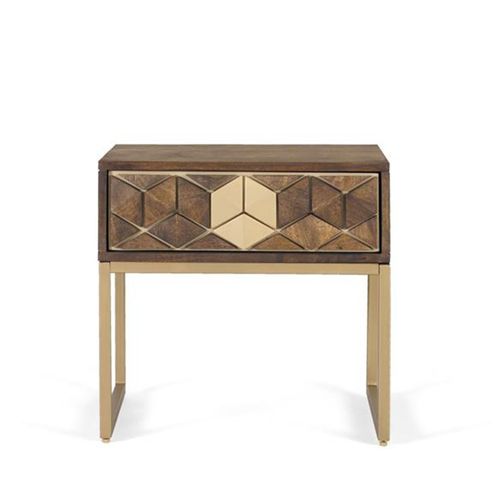 Caltan Walnut Mango Wood and Gold Geometric 1 Drawer Bedside Cabinet